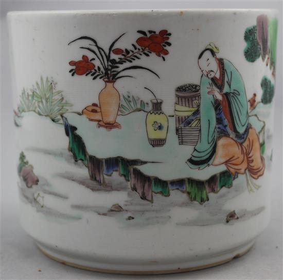 A Chinese famille verte brush pot, probably late 19th century, 14.2cm.